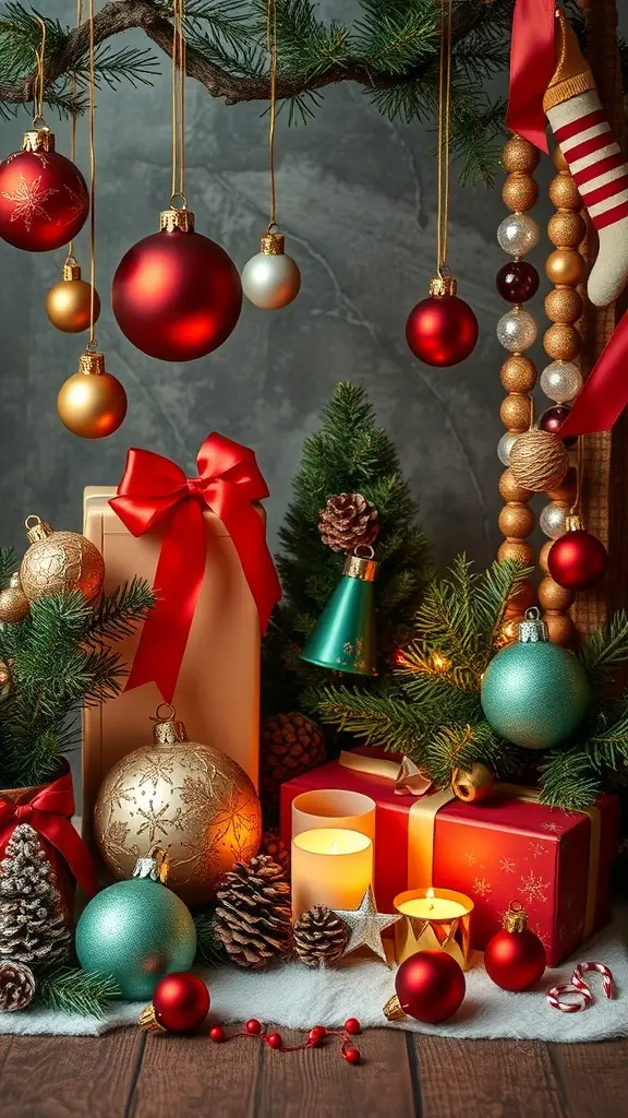 A festive arrangement of vintage-inspired Christmas decor featuring red and gold ornaments, candles, and pinecones.