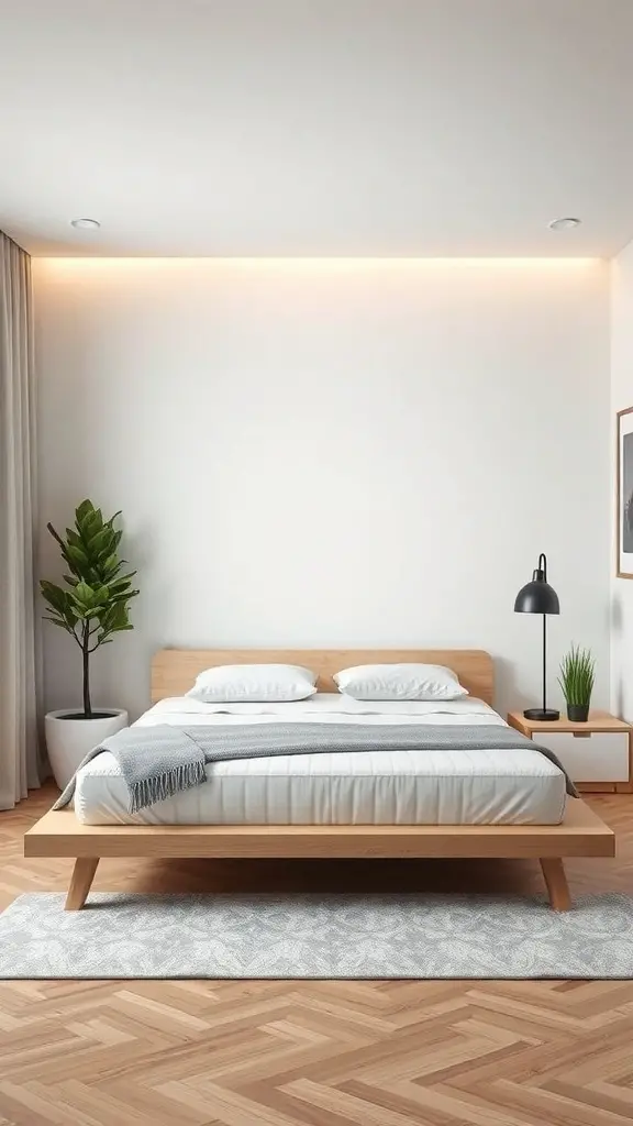25+ Stylish Bedframe Ideas for Small Rooms 3 A sleek and low-profile platform bed in a small room with wooden flooring and minimal decor.