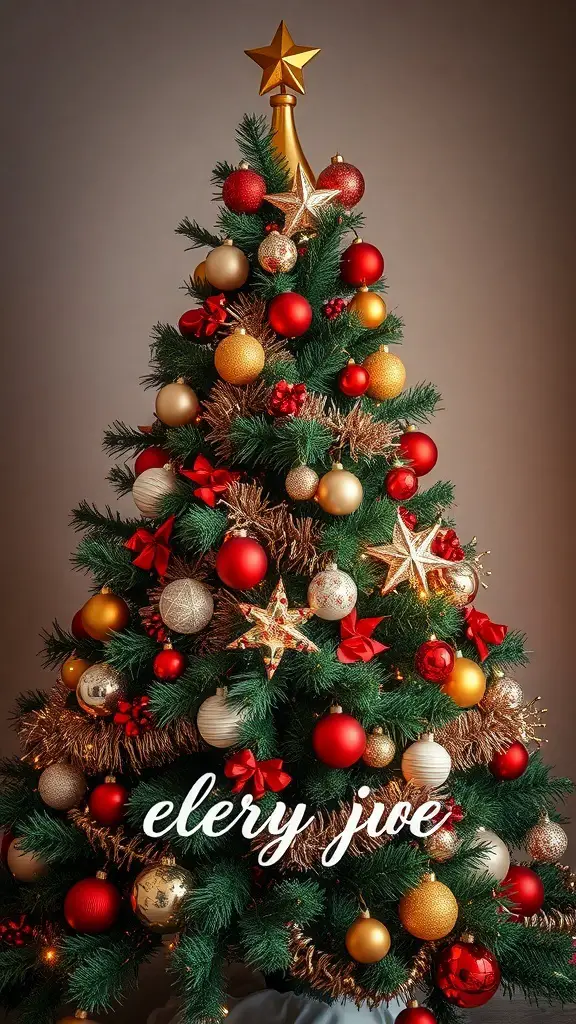 A beautifully decorated traditional Christmas tree with red and gold ornaments and a star on top.