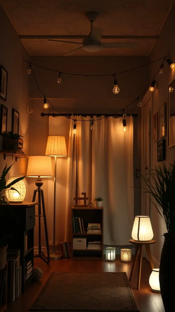 29+ Budget-Friendly Small Room Ideas to Maximize Space 15 A cozy small room with various lighting sources including string lights, floor lamps, and table lamps.