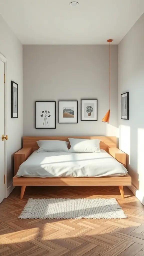35+ Cozy Tiny Bedroom Ideas for Couples: Maximize Your Space Together 4 Cozy tiny bedroom with a wooden bed that doubles as a sofa, integrated side tables, and modern hanging light.
