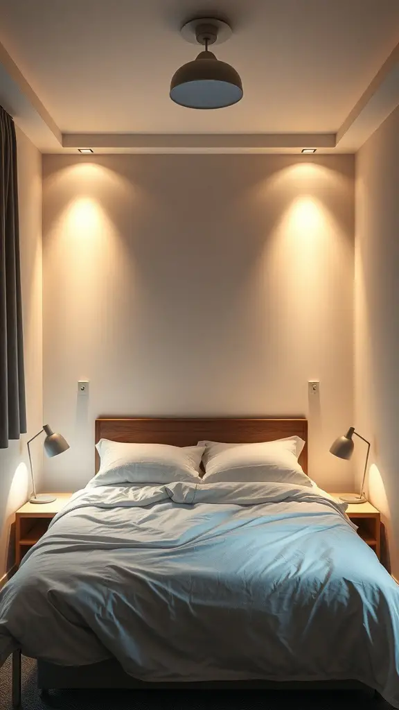 Cozy bedroom with layered lighting featuring a full-size bed, ceiling light, and wall-mounted lamps.