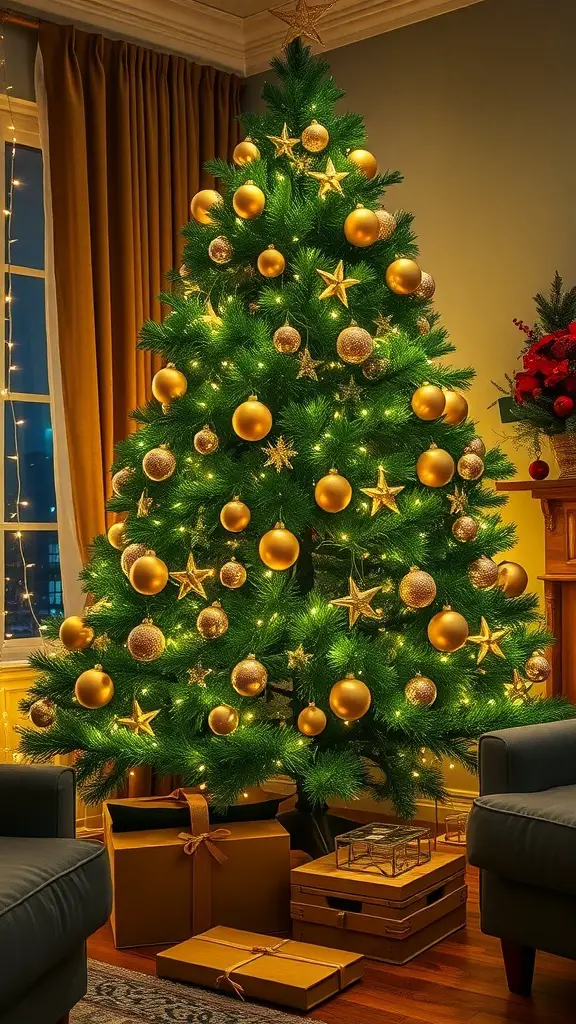 A beautifully decorated Christmas tree with forest green branches and gold ornaments, surrounded by wrapped gifts.