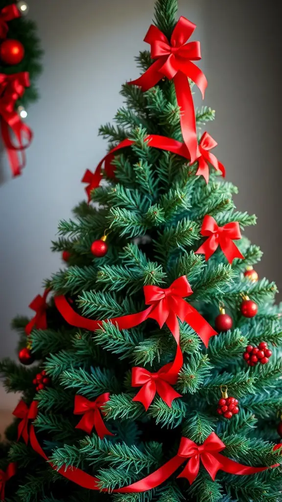 A sage green Christmas tree decorated with bright red bows and ornaments.