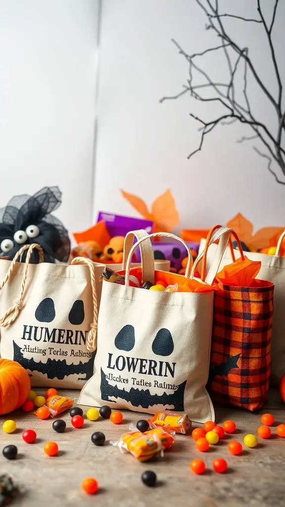 Personalized trick-or-treat bags with Halloween designs and colorful candies scattered around.