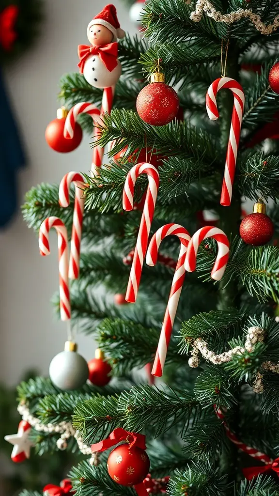 A Christmas tree decorated with candy canes and ornaments.