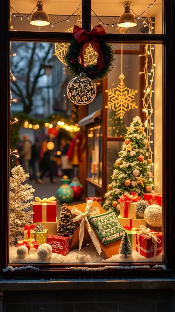 A festive window display featuring a Christmas tree, wrapped gifts, and snowy decorations.