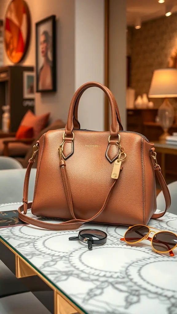 33+ Thoughtful Gifts Your Sister Will Adore 2 A stylish brown handbag on a table with sunglasses and a bracelet.