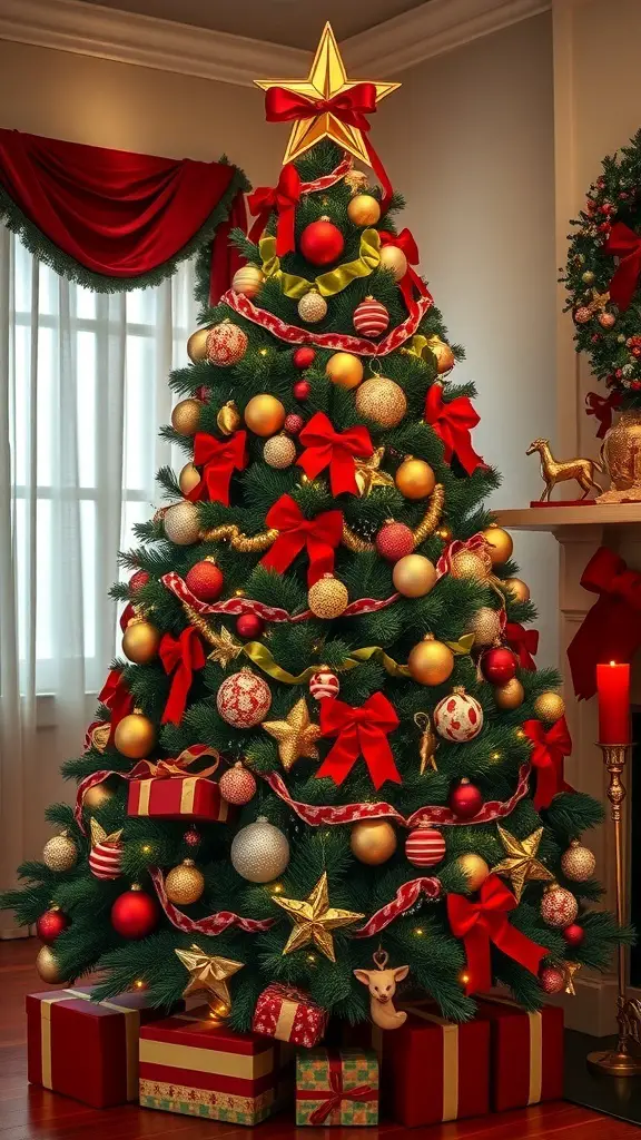 A beautifully decorated 1950s Christmas tree with red and gold ornaments, ribbons, and gifts underneath.