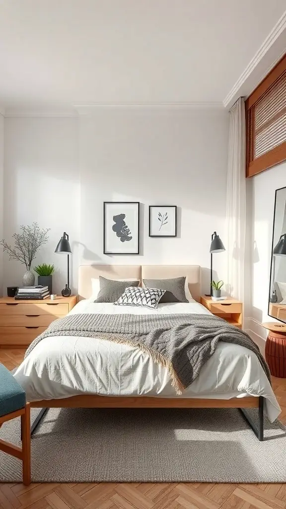 A small master bedroom featuring a king bed, minimalist decor, and natural light.