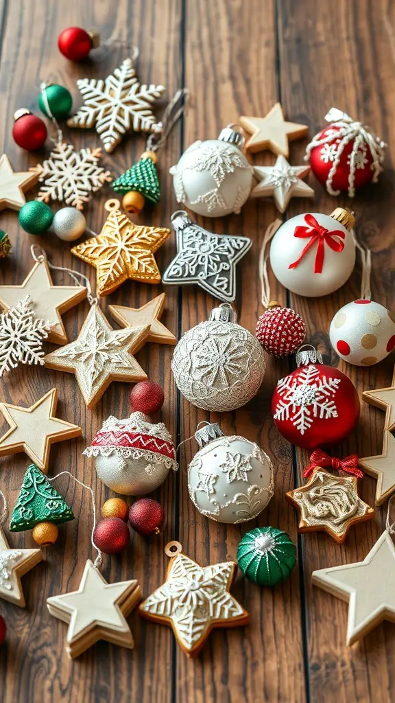 A variety of handmade Christmas ornaments, including stars, snowflakes, and colorful baubles, arranged on a wooden surface.