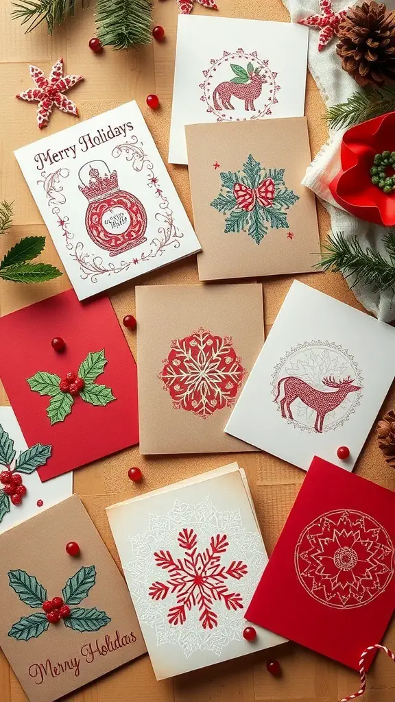 A collection of handmade holiday cards featuring festive designs like snowflakes, reindeer, and holly.