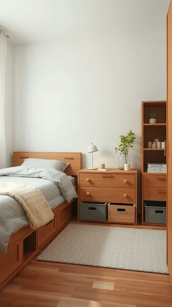35+ Stunning Small Bedroom Interior Ideas for Cozy Spaces 16 A small bedroom featuring a bed with built-in under-bed storage drawers and a cozy design.