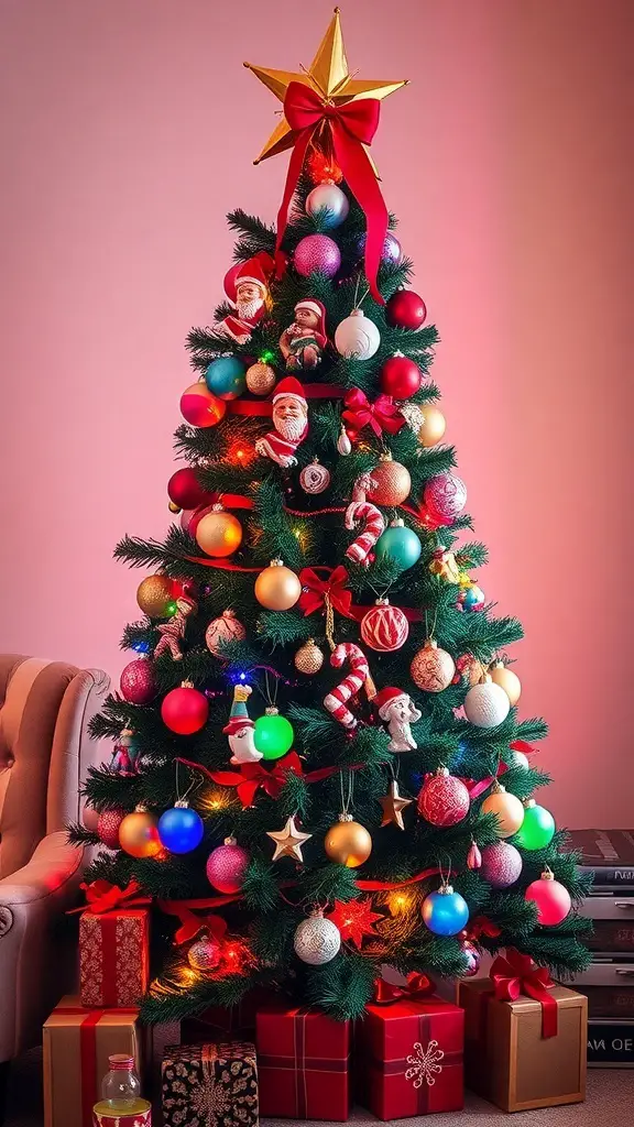 A beautifully decorated Christmas tree with colorful ornaments and gifts underneath.