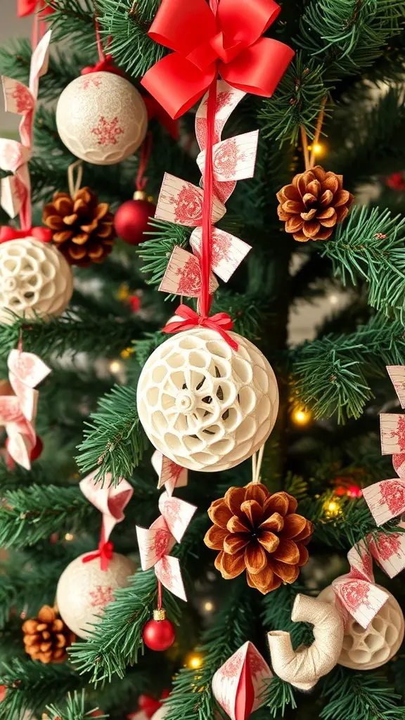 A green and brown Christmas tree decorated with handmade ornaments, red bows, and pine cones.