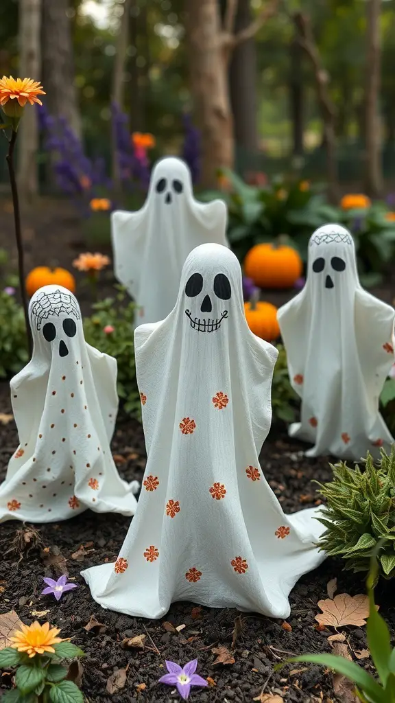 Four artistic painted ghosts displayed outdoors among flowers and pumpkins