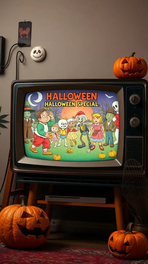 A vintage television displaying a Halloween special with animated characters, surrounded by pumpkins and Halloween decorations.