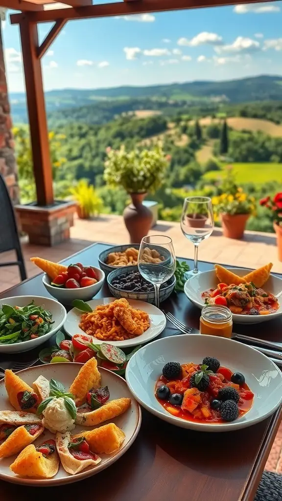 29+ Stunning Tuscan Patio Ideas for Your Outdoor Oasis 13 A beautifully arranged table of gourmet Italian cuisine on a Tuscan patio with a scenic view.