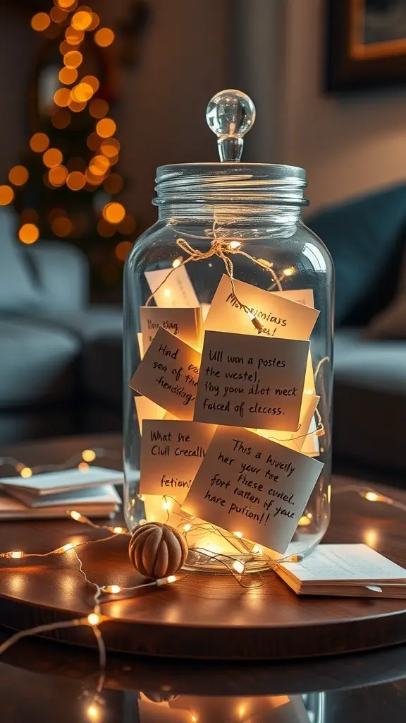 23+ Thoughtful Homemade Gift Ideas for Your Boyfriend 15 A memory jar filled with notes and fairy lights, set on a table with a cozy background.