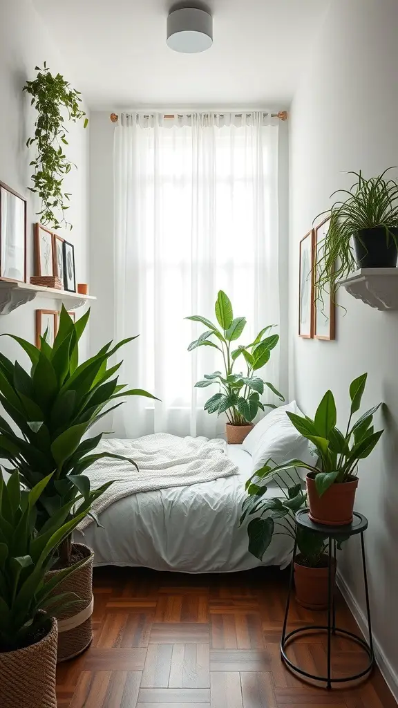 27+ Creative Long and Narrow Bedroom Ideas for Maximizing Space 16 A long and narrow bedroom with various plants, creating a fresh and inviting atmosphere.