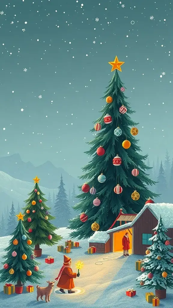 A festive winter scene with a decorated Yule tree, presents, and a cozy cabin.