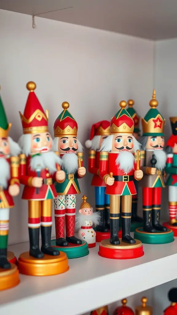 Colorful nutcracker and Santa figurines displayed on a shelf