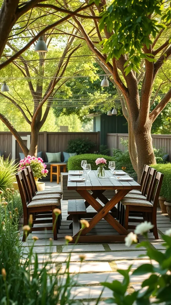 A rustic outdoor dining area with a wooden table and chairs surrounded by trees and flowers.
