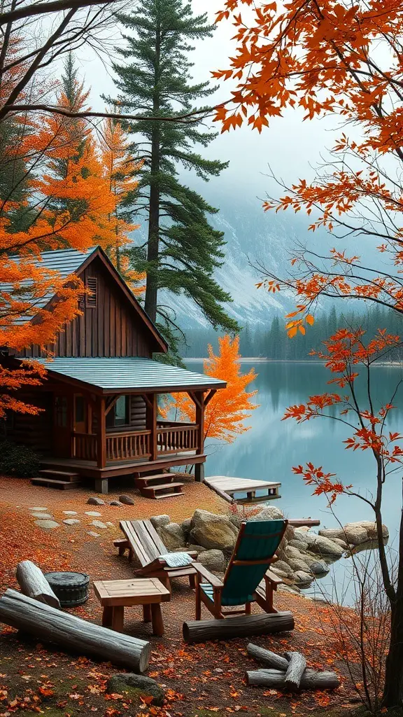 33+ Stunning Fall Embroidery Ideas to Try This Season 15 A rustic cabin surrounded by colorful autumn trees and a calm lake reflecting the scenery.