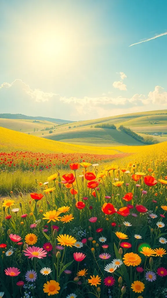 29+ Stunning Landscape Paintings You Need to See 12 A vibrant field filled with colorful flowers under a bright blue sky.