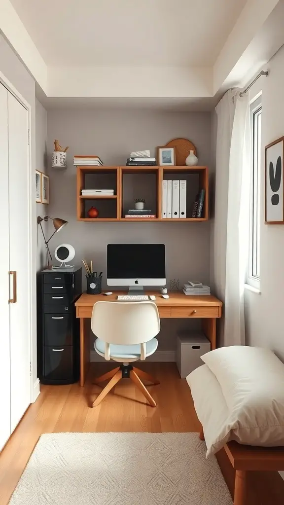 35+ Stunning Small Bedroom Interior Ideas for Cozy Spaces 13 A compact desk area in a small bedroom featuring a wooden desk, a comfortable chair, and open shelving.