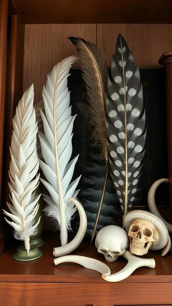 A collection of decorative feathers and bone accents arranged on a shelf.