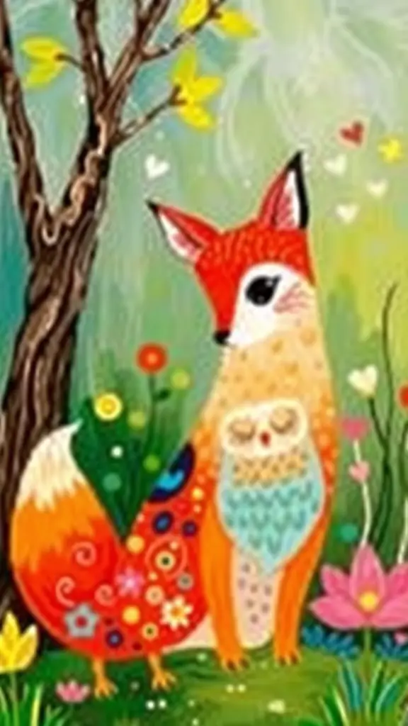 29+ Inspiring Acrylic Painting Ideas to Spark Your Creativity 4 A colorful and whimsical portrait of a fox with an owl, surrounded by flowers and trees.