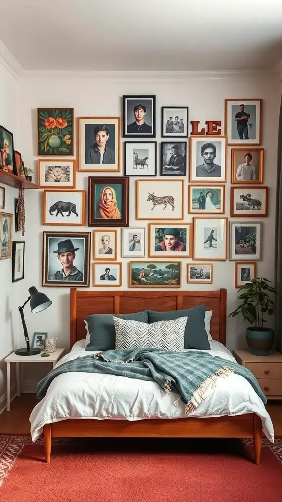 35+ Stunning Small Bedroom Interior Ideas for Cozy Spaces 10 A small bedroom featuring a creative wall art display with various framed pictures.