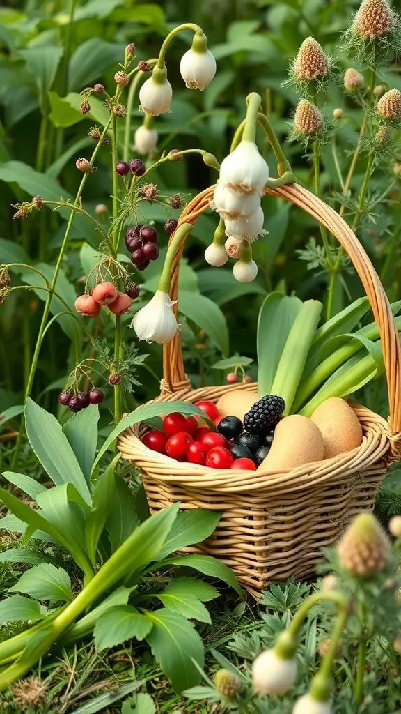 31+ Wild Garden Ideas to Transform Your Outdoor Space 3 A basket filled with fresh produce, including berries and green shoots, surrounded by wild plants.