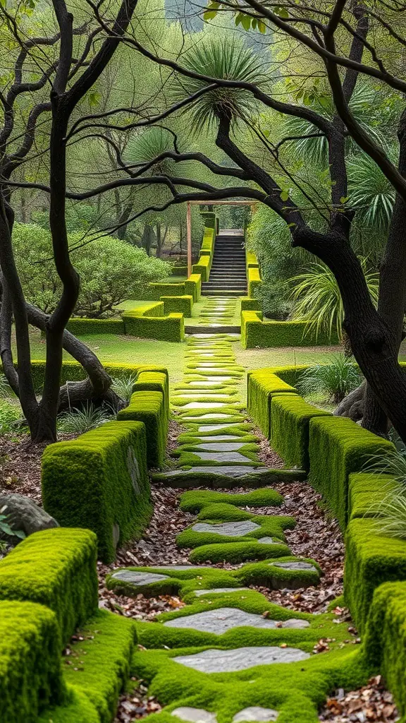 A serene moss-covered pathway surrounded by lush greenery and trees.