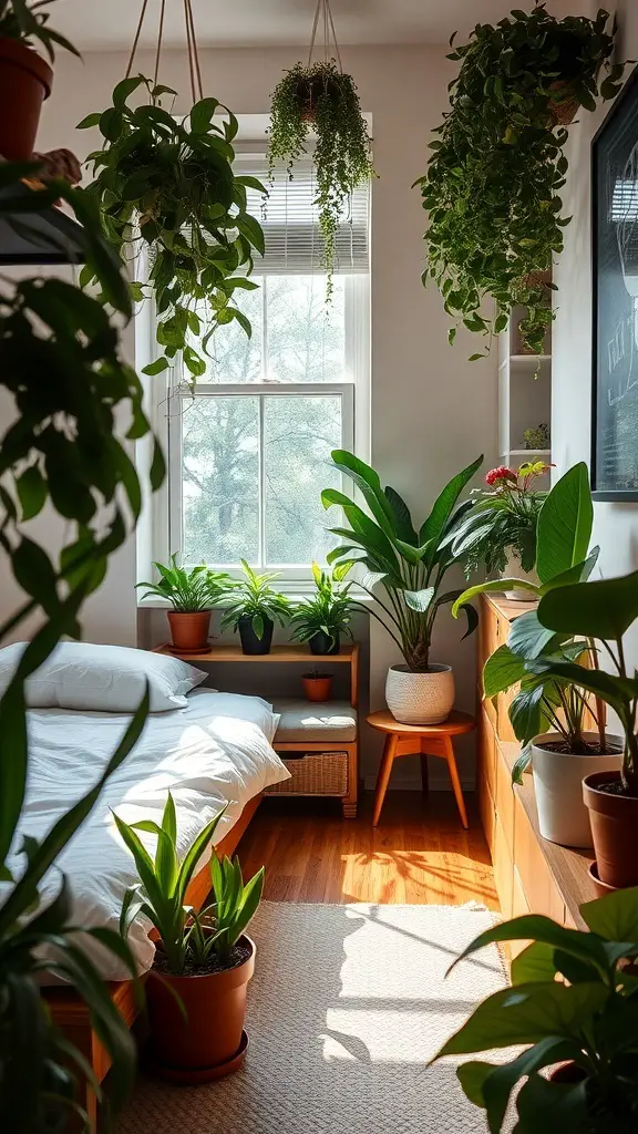 31+ Genius Narrow Bedroom Ideas to Maximize Space 10 A narrow bedroom filled with various plants, including hanging and potted varieties, creating a fresh and inviting atmosphere.