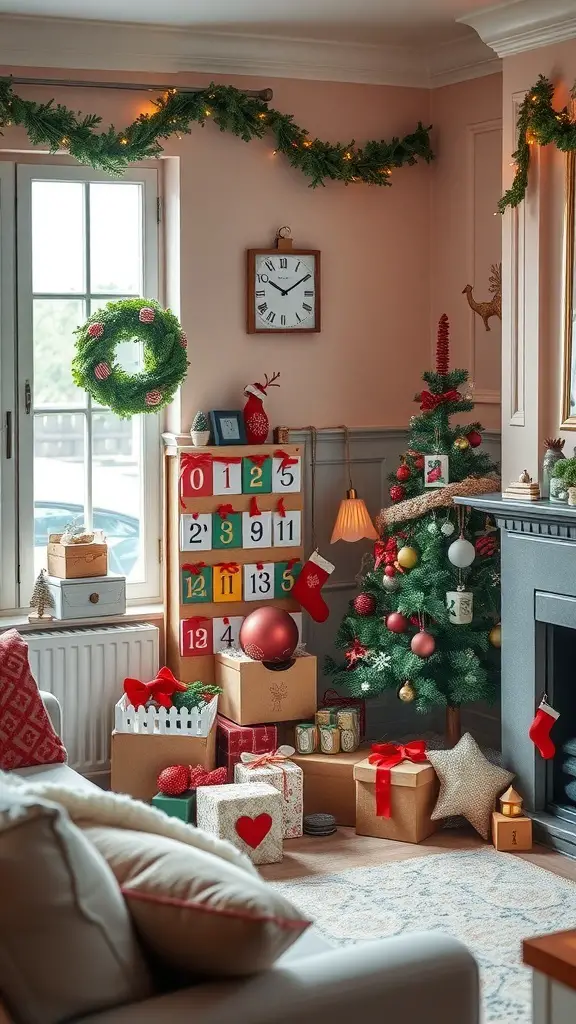 A cozy living room decorated for Christmas with an Advent calendar display, a small tree, and wrapped gifts.