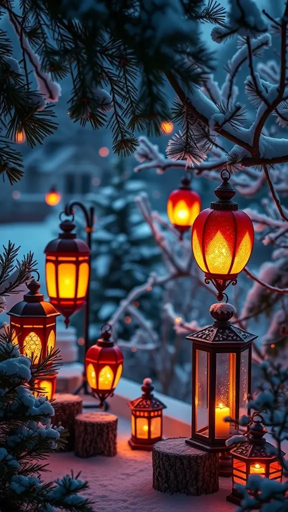 A collection of festive lanterns glowing softly in a snowy outdoor setting.