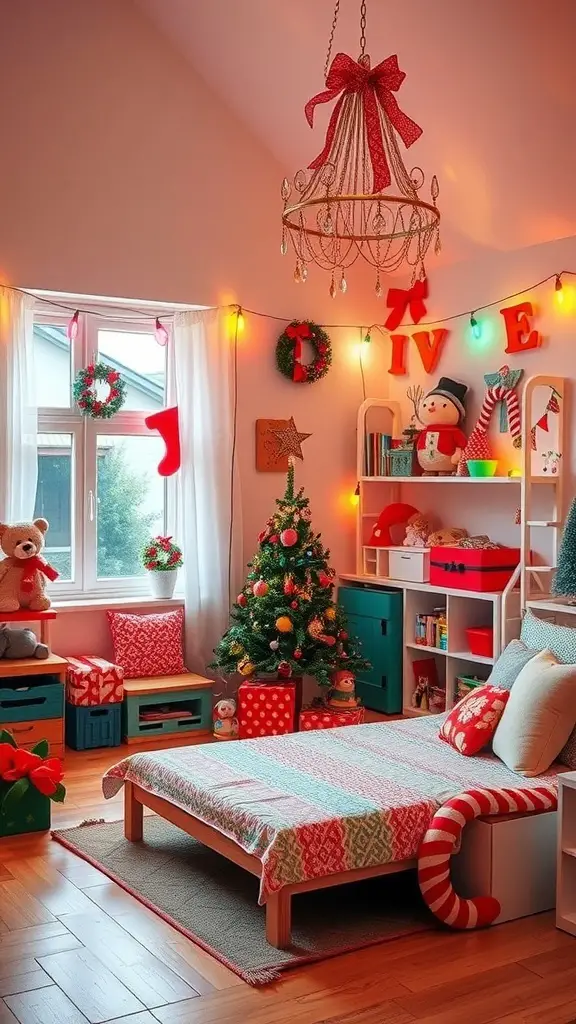 A festive children's room decorated for Christmas with a small tree, colorful lights, and playful decor.