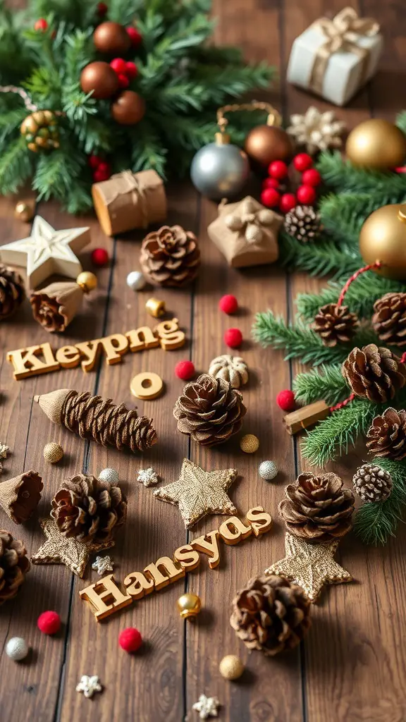 A festive arrangement featuring pinecones, ornaments, and wooden decorations on a wooden surface.