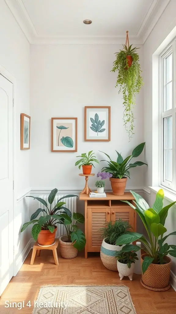 27+ Charming Small Master Room Ideas for Cozy Living 6 A cozy corner with various plants, showcasing a fresh and inviting atmosphere.