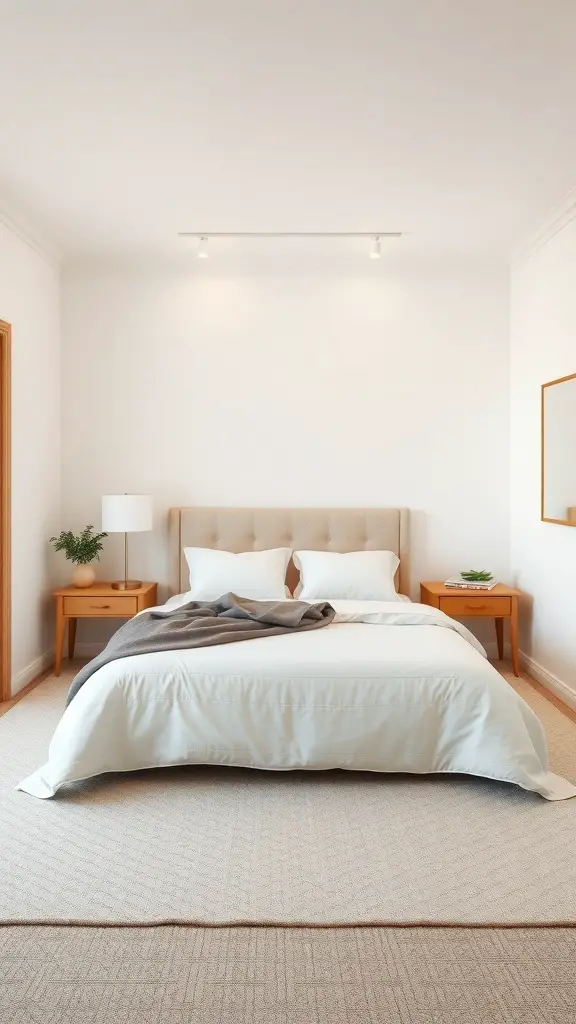 A small master bedroom featuring a king bed with light bedding, natural wood nightstands, and a clean white wall.