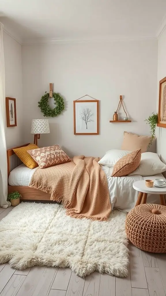25+ Adorable Small Bedroom Ideas for a Cozy Retreat 5 A cozy small bedroom featuring soft textiles, including a knitted throw, fluffy rug, and decorative pillows.