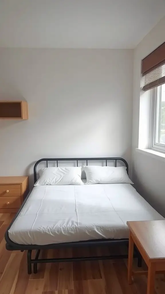 25+ Stylish Bedframe Ideas for Small Rooms 9 A simple folding bed frame in a small room with wooden flooring and natural light.