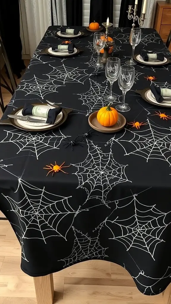 A black tablecloth with white spider web designs, decorated with mini pumpkins and plastic spiders.