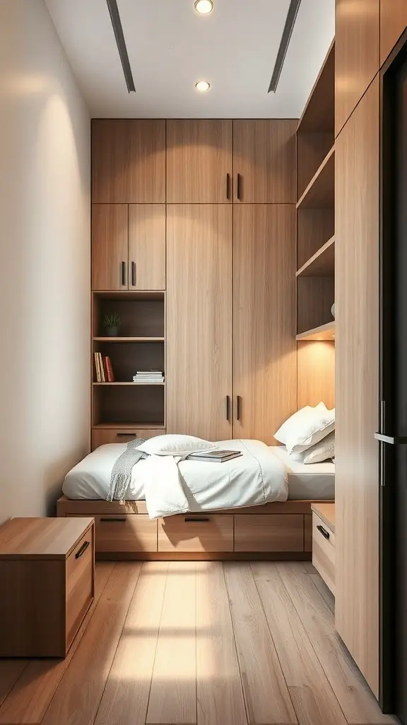 31+ Genius Narrow Bedroom Ideas to Maximize Space 3 A narrow bedroom featuring multi-functional furniture with wooden storage solutions.