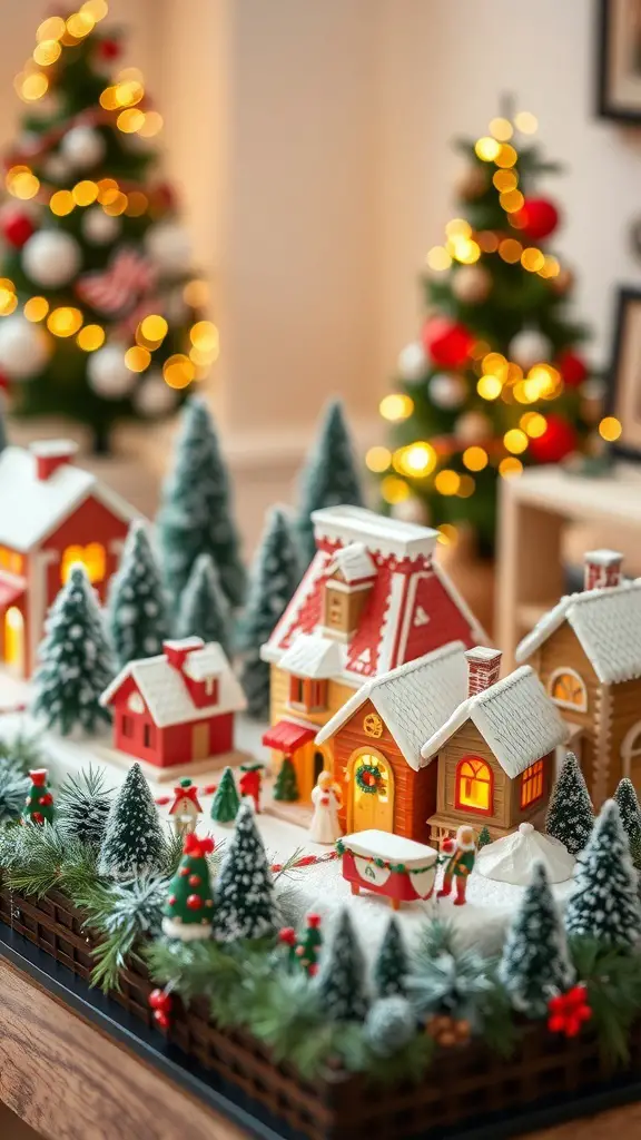 A cozy Christmas village display with miniature houses, trees, and festive decorations.