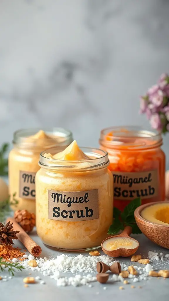 23 Affordable DIY Christmas Gifts for Everyone on Your List 16 Jars of homemade sugar scrubs with labels, surrounded by natural ingredients.