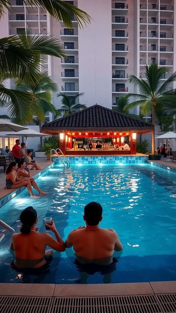 A hotel pool with a swim-up bar, featuring guests relaxing in the water and enjoying drinks.