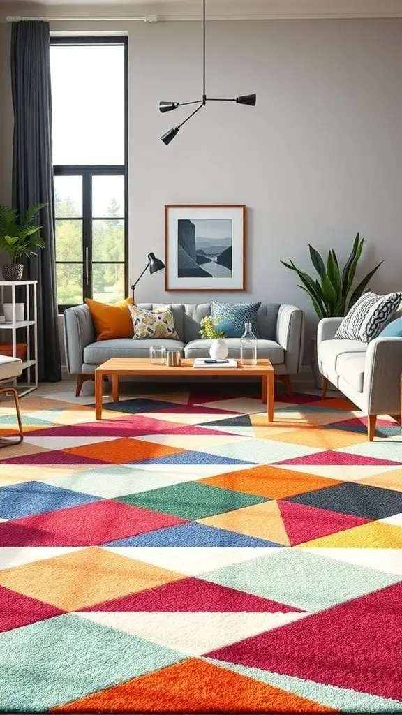 25+ Stunning Geometric Rug Designs for Your Home 9 A living room featuring a colorful geometric rug with bold triangular patterns.